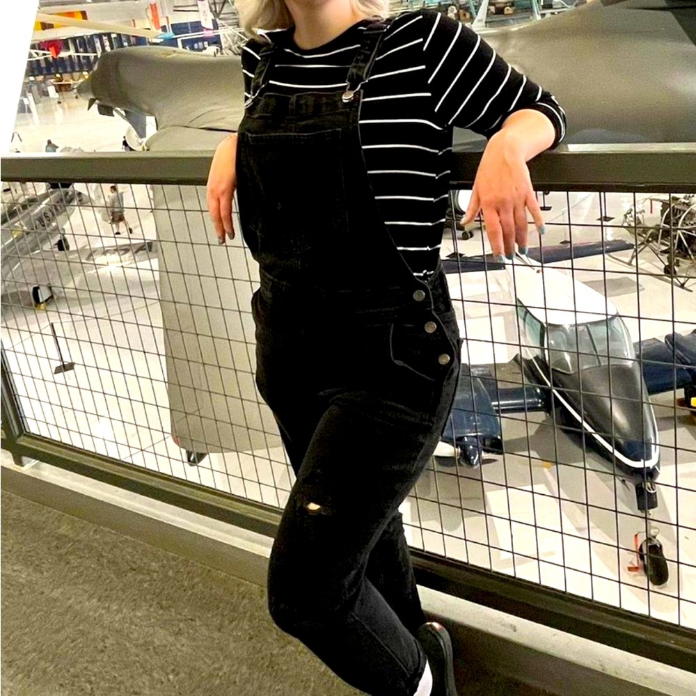 Real denim old navy overalls distressed black, worn just once!